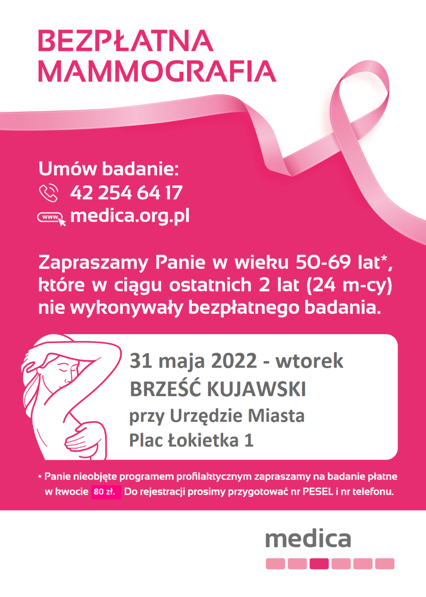 Plakat dotyczy bezpłatnej mammografii w Brześciu Kujawskim