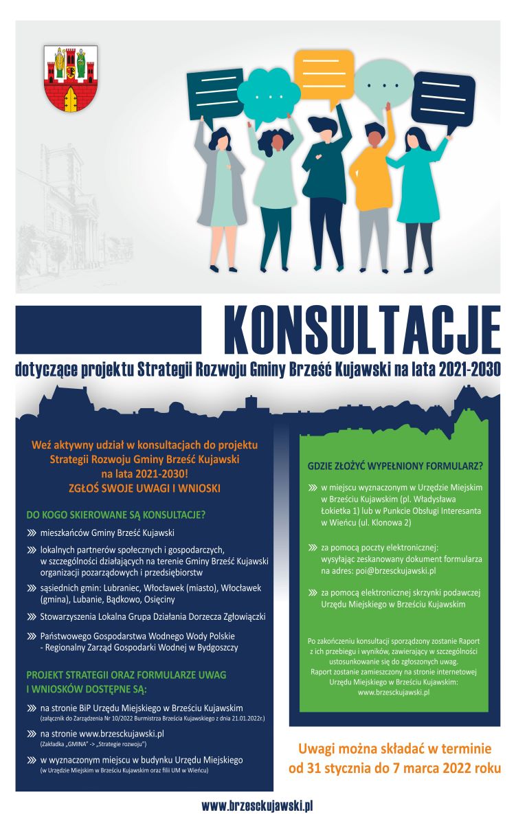 Plakat dotyczy konsultacji w sprawie Strategii Rozwoju Gminy Brześć Kujawski