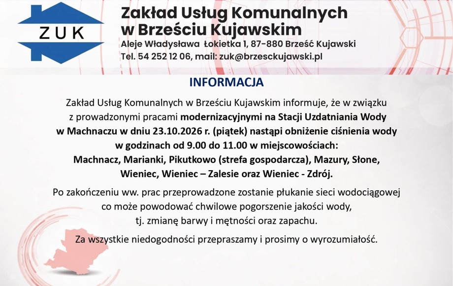 Obniżenie ciśnienia wody w Brzesku Kujawskim